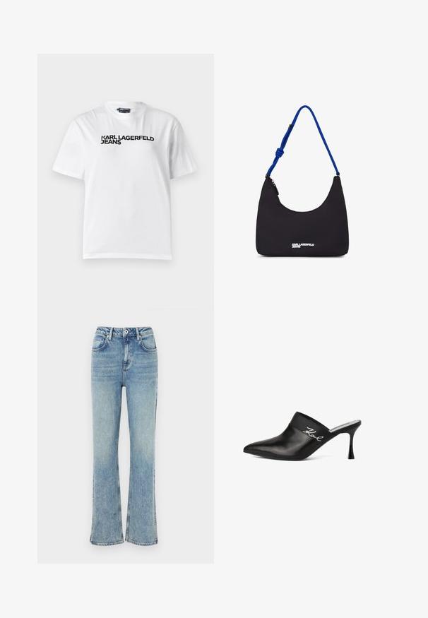 Biela bavlnená tričko s okrúhlym výstrihom, krátkymi rukávmi a čiernym potlačeným textom "KARL LAGERFELD JEANS" na prsiach.; Svetlomodré zvonové džínsy vyrobené z denimu, s gombíkovým zapínaním, piatimi vreckami a jemným vyblednutím pre opotrebovaný vzhľad.; Čierne kožené muly s špicatou špičkou a ihlovým podpätkom. Obsahuje široký pás s strieborným písmom na boku. Hladká textúra.; Čierna nylonová taška cez plece s zakriveným tvarom, modrým lankovým popruhom a striebornými detailmi loga na prednej strane. Hlavné zapínanie na zips.