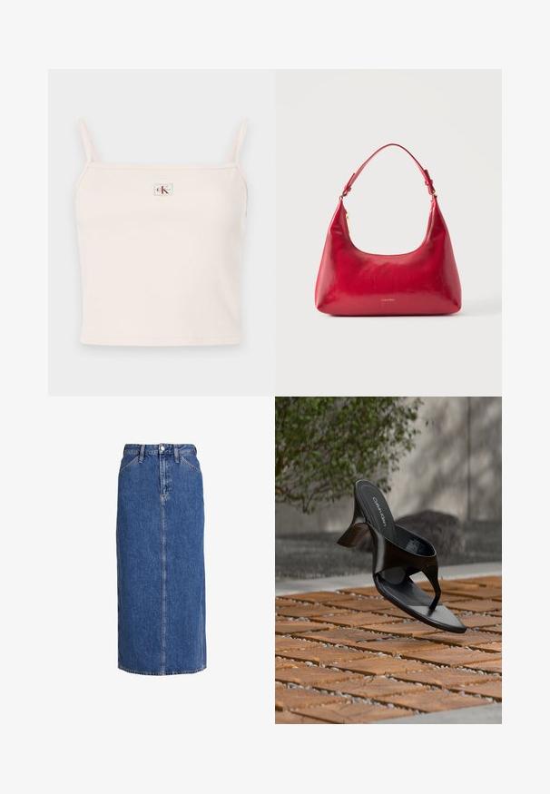 Lichtroze geribde tanktop met dunne bandjes, afgewerkt met een vierkante halslijn en een klein, merklabel aan de voorkant.; Denim midi-rok in middelblauw met een rechte snit, voorste knoopsluiting, twee zijzakken en zichtbare stiksels voor textuur.; Zwarte Calvin Klein hoge hak teenslipper die zweeft boven een betegeld buitenterrein met groen en een betonnen muur op de achtergrond.; Rode leren schoudertas met gouden rits en verstelbare band, Calvin Klein-logo gecentreerd aan de voorkant.