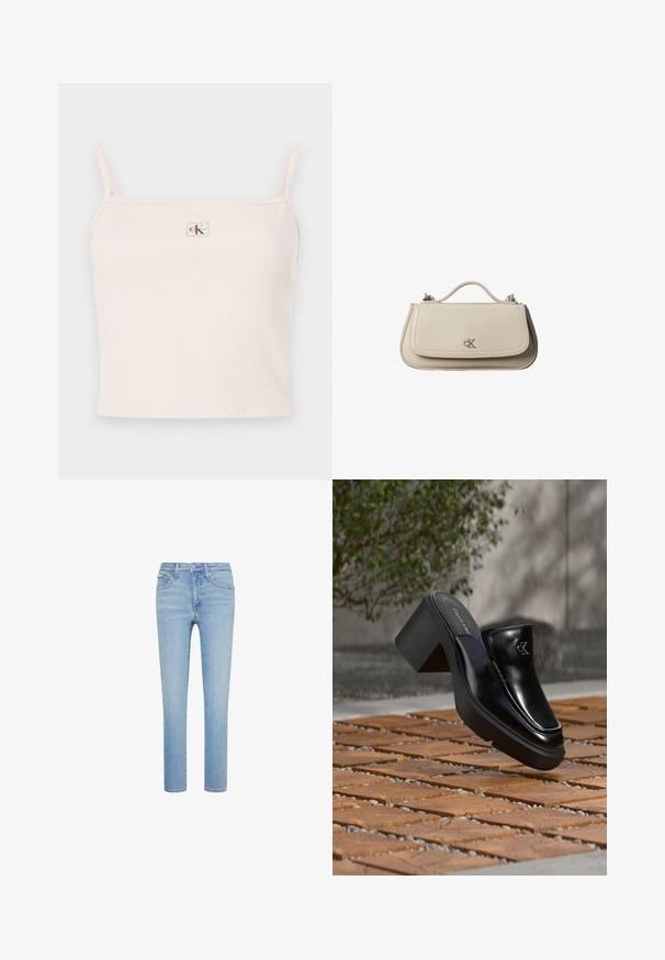 Lyserød ribbet top med tynde stropper, der har en firkantet udskæring og et lille, mærket logo på forsiden.; Lyseblå denimjeans, lige snit, fem-lommer stil, med forreste knap- og lynlås lukning, med subtile falmninger og syningsdetaljer.; Sort læder Calvin Klein slip-on mule med blokhæl, der hviler på trætøj udendørs nær en grøn plante og en grå væg.; Lille beige læderhåndtaske med top håndtag og sølv CK-logo på frontklap, vist mod en hvid baggrund.