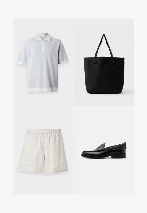 Helles graues Polohemd mit einem strukturierten Muster, kurzen Ärmeln und einem kontrastierenden weißen Kragen und Saum. Dreiknopf-Leiste auf der Vorderseite.; Helle beige Leinen-Shorts mit elastischem Bund, die eine lockere Passform und minimale Nähte für ein einfaches, lässiges Design bieten.; Schwarzer Leder-Herrenschuh mit Mokassinnaht, Penny-Riemen, strukturiertem Kragen und niedrigem gestapeltem Absatz auf weißem Hintergrund.; Schwarze Canvas-Shopper-Tasche mit zwei Schulterriemen und einem dezenten, eingeprägten kreisförmigen Design auf der Vorderseite.