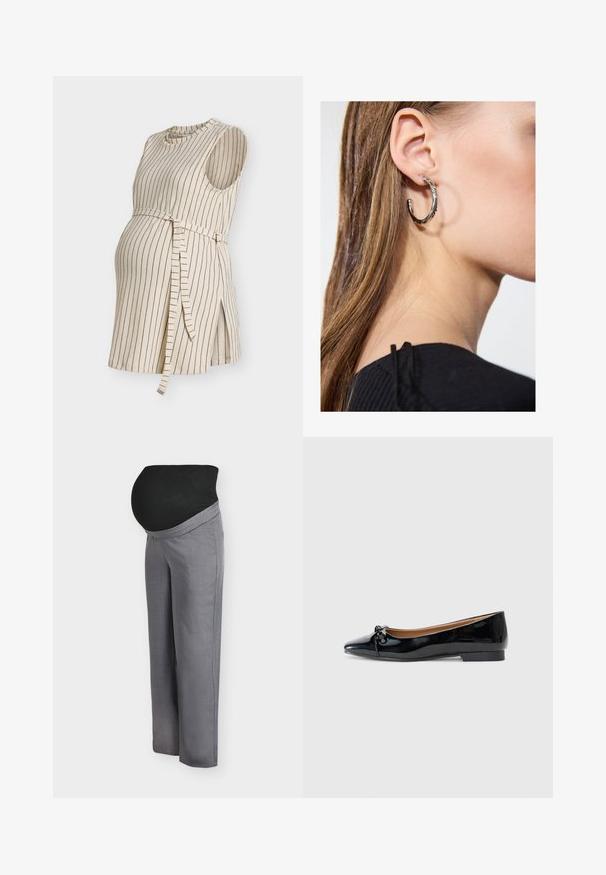 Robe de maternité beige sans manches avec rayures noires verticales et ceinture nouée en tissu, dotée de fentes latérales pour le confort.; Pantalon de maternité avec une large ceinture noire extensible, tissu gris clair, coupe décontractée et jambes droites, idéal pour le confort pendant la grossesse.; Ballerines en cuir verni noir avec un bout pointu, un petit nœud à l'avant et un petit talon carré. Texture lisse et brillante.; Boucle d'oreille en argent avec une finition polie, présentant de petits détails en or et de forme ronde, portée sur le lobe.