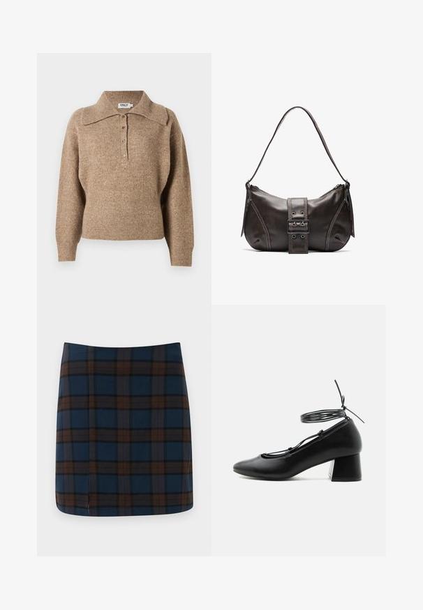 Brun sweater med krave, ribbede manchetter og kant. Har en knaplukning foran og en blød tekstur.; Marineblåternet mini nederdel med brune og grå striber, lavet af et glat stof, med en diskret slids bagpå for let bevægelse.; Sort læder sko med mellemhøj hæl, spids tå, krydsede stropper og snøre omkring anklen på hvid baggrund.; Brun læder skuldertaske med en buet form, der har et fremtrædende spænde, kontrasterende syninger og en enkelt skulderrem.