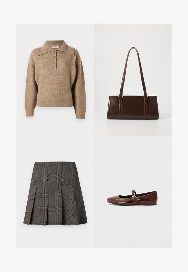 Brun sweater med krave, ribbede manchetter og kant. Har en knaplukning foran og en blød tekstur.; Gråternet nederdel med plisseringer, prydet med intrikate mønstre i sort og hvid, akkompagneret af tynde røde linjer. Fremstillet af et struktureret stof.; Brun patentlæder balletflade med firkantet tå og strop med en lille guldbuckle. Glat tekstur, lav hæl og minimalistisk design.; Brun lakeret håndtaske med rektangulær form, to lange håndtag og subtile buede detaljer på fronten.