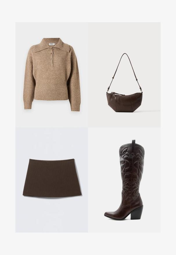 Brun sweater med krave, ribbede manchetter og kant. Har en knaplukning foran og en blød tekstur.; Brun nederdel med nålestriber, tætsiddende design, glat tekstur og flared kant, ideel til et skræddersyet look.; Høj mørkebrun læder cowboystøvle med syede dekorative mønstre, spids tå og stablet blokhæle.; Brun læder skuldertaske med buet bund og justerbar rem mod en ensfarvet lys baggrund.