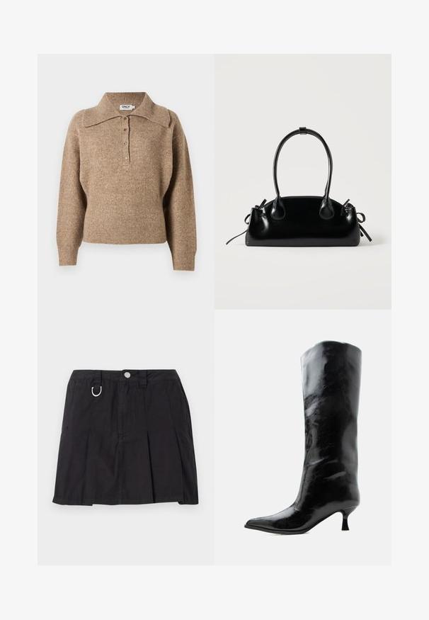 Brun sweater med krave, ribbede manchetter og kant. Har en knaplukning foran og en blød tekstur.; Sort plisseret nederdel lavet af bomuld, med frontknaplukning, bæltestropper og en D-ring detalje i taljen.; Sort skinnende knæhøj læderstøvle med spids tå og lav buet hæl på en ensfarvet lys baggrund.; Lille sort blank håndtaske med to lange håndtag og snøre-detaljer i siden på en ensfarvet lys baggrund.