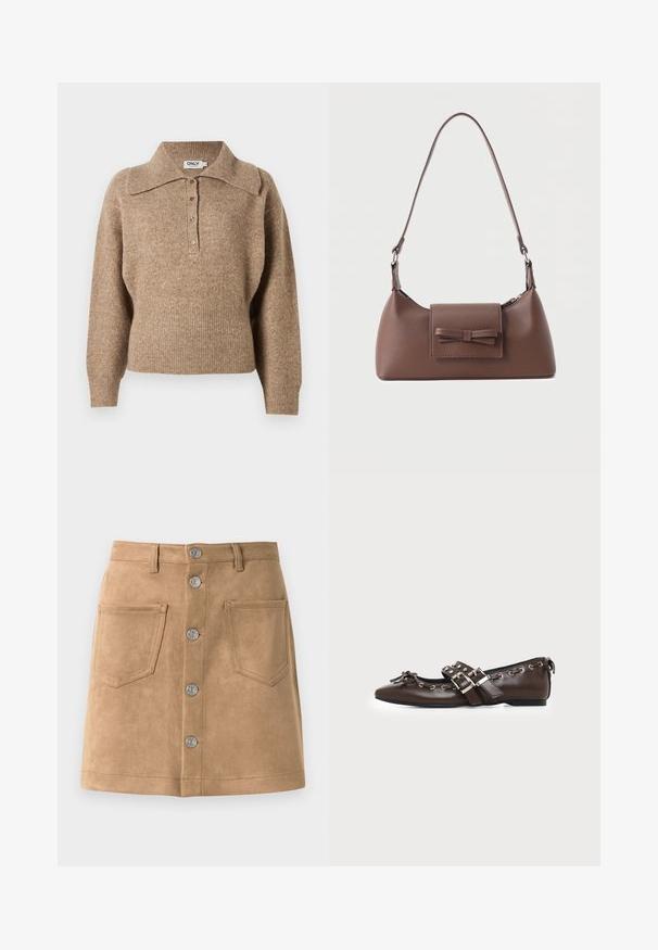 Brun sweater med krave, ribbede manchetter og kant. Har en knaplukning foran og en blød tekstur.; Tan suede nederdel med en tætsiddende form, fem metalliske frontknapper og to forlommer, der har en glat tekstur og rene kanter.; Mørkebrune lædersko med flad sål og spids snude, dobbelt sølvsnørrebånd, metaløjer og dekorativ sløjfe foran.; Brun skuldertaske i læder med en frontlomme med klap, der har en sydd sløjfedetalje, og en justerbar rem.