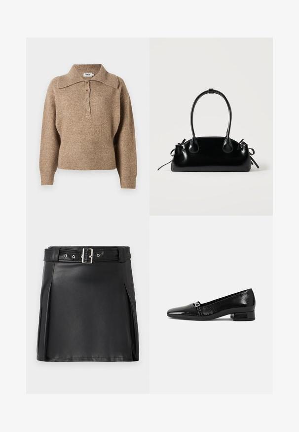 Brun sweater med krave, ribbede manchetter og kant. Har en knaplukning foran og en blød tekstur.; Sort faux læder mini nederdel med en tætsiddende pasform, sidesyninger og et bælte med en sølvfarvet spænde og øjne. Glat tekstur, høj talje.; Sorte patentlæder balletflade med spids tå, lav firkantet hæl og en lille metallisk spænde detalje på remmen. Glat tekstur.; Lille sort blank håndtaske med to lange håndtag og snøre-detaljer i siden på en ensfarvet lys baggrund.