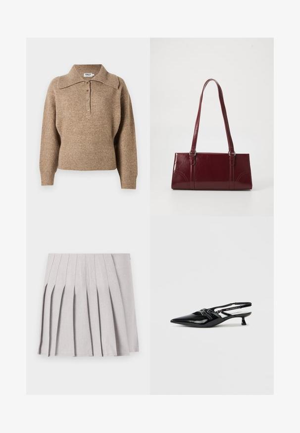 Brun sweater med krave, ribbede manchetter og kant. Har en knaplukning foran og en blød tekstur.; Grå plisseret nederdel med en glat tekstur, der har flere lodrette folder og en tætsiddende talje. Fremstillet af letvægtsstof.; Sort laklæder slingback-sko med spids tå, lille blokhæl og justerbar rem med udskæringsdetaljer og logoaccenter.; Bordeaux håndtaske lavet af glansfuldt materiale, rektangulær form, med to skulderremme og subtile buede detaljer på forsiden.