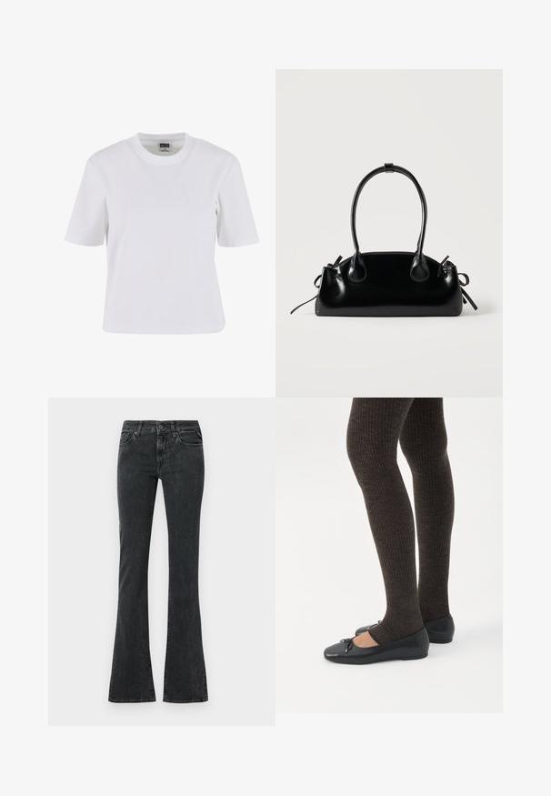 T-shirt blanc à manches courtes en coton, avec un col rond, une coupe décontractée et une texture lisse avec des détails de couture minimaux.; Jean noir évasé en denim, avec une fermeture à bouton, des poches et une légère décoloration pour la texture.; Jambes portant des leggings côtelés foncés associés à des ballerines noires avec de petits détails en nœud sur fond blanc.; Petit sac à main noir brillant avec deux longues anses et des détails à cordon sur les côtés sur un fond clair uni.