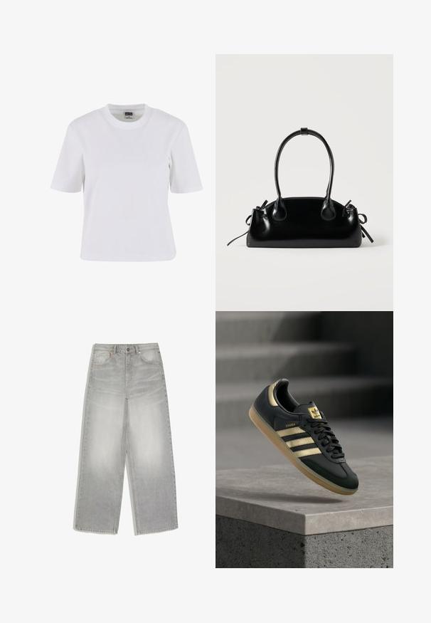 T-shirt blanc à manches courtes en coton, avec un col rond, une coupe décontractée et une texture lisse avec des détails de couture minimaux.; Jean denim gris clair à jambes larges avec poches avant et fermeture par boutons, posé à plat sur un fond blanc.; Baskets Adidas Samba noires avec des bandes dorées et une semelle en gomme, flottant au-dessus d'une surface en béton avec des escaliers flous en arrière-plan.; Petit sac à main noir brillant avec deux longues anses et des détails à cordon sur les côtés sur un fond clair uni.