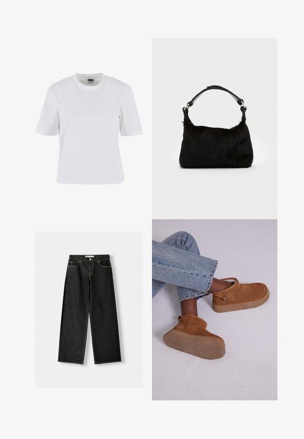 Witte T-shirt met korte mouwen van katoen, met een ronde hals, een ontspannen pasvorm en een gladde textuur met minimale stiksels.; Zwarte denim wijde jeans met vijf zakken, metalen knoop en ritsluiting, en contrasterende gele stiksels langs de naden.; Bruine suède enkellaarsjes met een zachte voering, ronde neus en een iets chunky rubberen zool met een visgraatpatroon.; Zwarte neplederen handtas met een zachte textuur, ronde vorm en een stevige zwartleren schouderband. Zilveren hardwareaccenten zichtbaar.