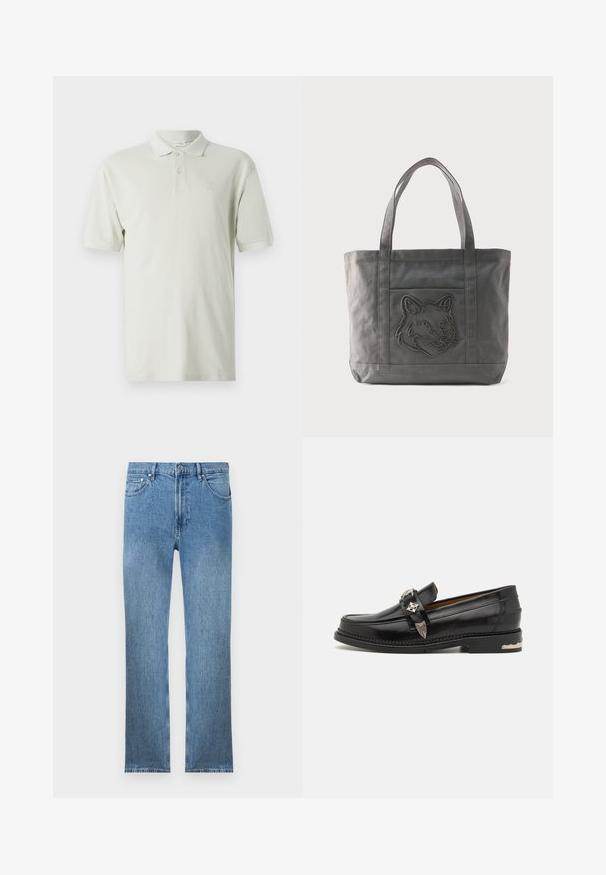 Polo shirt beige clair à manches courtes, col classique et patte de boutonnage à trois boutons. Logo subtil brodé sur la poitrine. Tissu en coton extensible.; Jean en denim bleu clair avec une coupe droite, cinq poches, une fermeture éclair et des coutures contrastantes. Le tissu a une finition lisse et texturée.; Mocassin en cuir noir avec des garnitures décoratives en métal argenté, un dessus de style mocassin, des coutures détaillées et un talon empilé.; Sac fourre-tout en toile grise avec deux anses et une poche avant ornée d'un motif de tête de loup cousu.