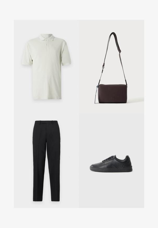 Lys beige polo skjorte med korte ærmer, klassisk krave og tre-knaps lukning. Diskret logo broderet på brystet. Elastisk bomuldsstof.; Theory STRAIGHT - Bukser - deep black; Sorte lædersneakers med en glat finish, rund tå, struktureret sidelæder og sorte snørebånd. Har en flad gummisål og et minimalistisk design.; Mørkebrun textured læder crossbody taske med justerbar rem og lille dekorativ blå accent på siden.