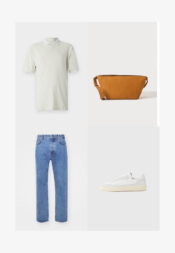Lys beige polo skjorte med korte ærmer, klassisk krave og tre-knaps lukning. Diskret logo broderet på brystet. Elastisk bomuldsstof.; Won Hundred STEVE - Jeans Relaxed Fit - cut blue; Hvid sneakers med en øvre del i tekstureret ruskind og læder. Har rundet tå, snørelukning og kontrasterende beige gummisål.; Lys brun læder crossbody taske med justerbar rem og lynlås, vist mod en ensartet lys baggrund.