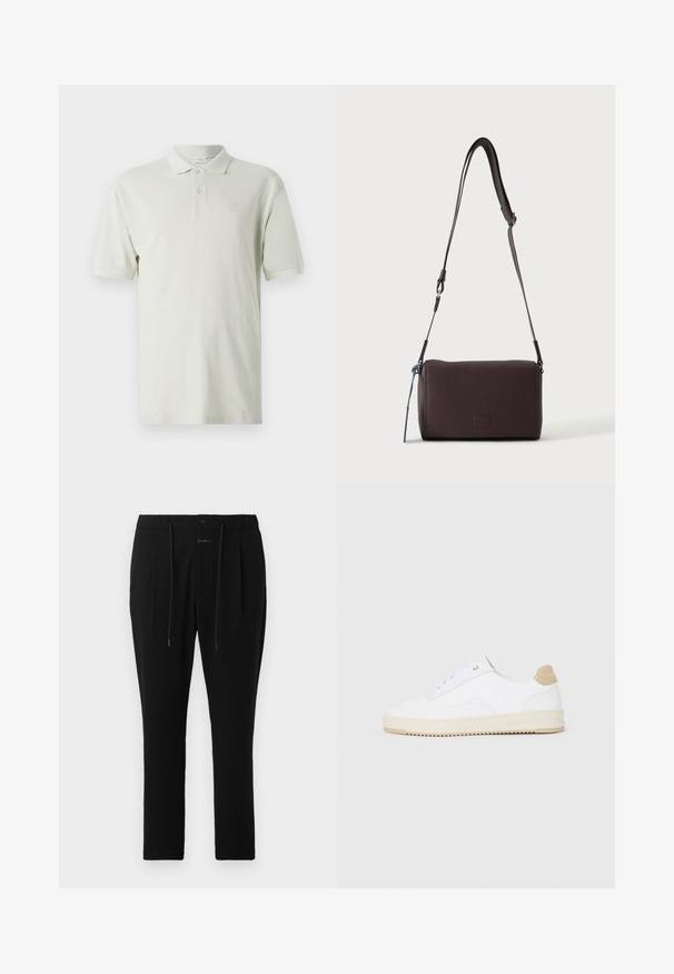 Polo shirt beige clair à manches courtes, col classique et patte de boutonnage à trois boutons. Logo subtil brodé sur la poitrine. Tissu en coton extensible.; CLOSED VIGO TAPERED - Chino - dark night; Baskets basses blanches avec un dessus en cuir texturé, semelle crémée à stries, et accent de talon tan. Présente des lacets blancs et un logo sur le talon.; Sac bandoulière en cuir marron foncé texturé avec une sangle réglable et un petit accent décoratif bleu sur le côté.