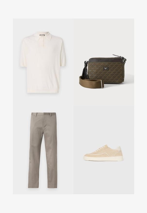 Polo à manches courtes en crème avec un col classique, patte de boutonnage à quatre boutons et ourlet côtelé. Fabriqué à partir d'un tissu doux et léger.; Pantalon gris clair à coupe droite, réalisé en tissu lisse, avec devant plat et ceinture standard munie de passants pour ceinture.; Baskets en daim beige avec semelle et lacets blancs, design basse, et motif de semelle en zigzag.; Petit sac bandoulière rectangulaire marron avec texture à motifs, patch logo devant, fermeture éclair et large bandoulière réglable.