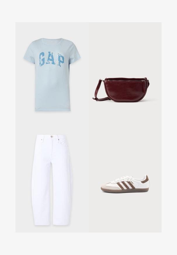 T-shirt bleu clair à manches courtes avec grand logo GAP bleu et motifs floraux blancs sur les lettres, présenté sur un fond uni.; Jean blanc uni droit avec poches avant, passants de ceinture et fermeture par bouton à la taille sur un fond clair.; Baskets Adidas Samba blanches avec des bandes en daim marron, semelle en caoutchouc marron et bout en daim beige, vues du côté extérieur sur un fond uni.; Sac à main en cuir marron foncé avec une forme en demi-lune, une fermeture éclair et une bandoulière amovible. Texture lisse avec un léger éclat.