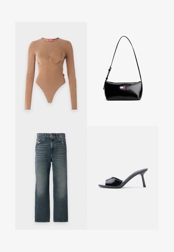 Body de manga larga marrón con escote redondeado y diseño de pecho fruncido. Fabricado con tela suave, presenta un fondo tipo tanga y una pequeña etiqueta con logo.; Jeans rectos de color azul oscuro con una textura desgastada, diseño de cinco bolsillos y un pequeño detalle de logo en el bolsillo frontal.; Sandalias de tacón con punta abierta de charol negro, con un diseño superior curvado y tacón de aguja cónico. Acabado liso y brillante.; Bolso de hombro de charol negro con una correa curva, cierre de cremallera y un parche de logo rectangular en rojo, blanco y azul.