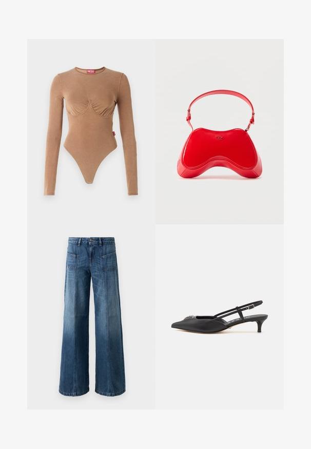Brun langærmet bodystocking med rund halsudskæring og samlet buste-design. Fremstillet af glat stof, har en thong-bund og lille logo-tag.; Videbenet jeans i en falmet blå denim. Har fem lommer, en knap- og lynlås-lukning, synlige syninger og en løs pasform.; Sorte slingback-sko med spids tå, lavet af glat materiale, med en lille hæl og en dekorativ sølvaccent på vamps.; Rød taske i laklæder med en buet, ergonomisk form, der har en tynd justerbar rem og en diskret logodetalje foran.