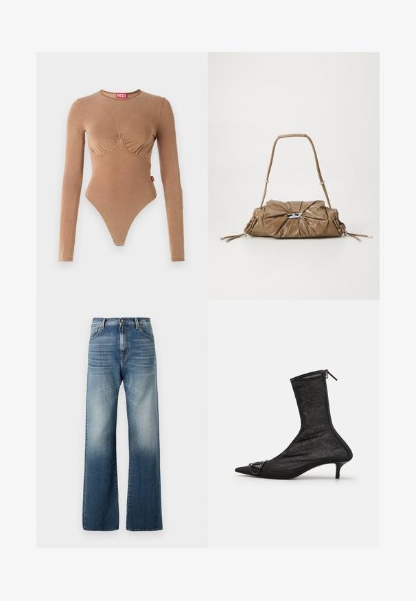 Brun langærmet bodystocking med rund halsudskæring og samlet buste-design. Fremstillet af glat stof, har en thong-bund og lille logo-tag.; Bredde ben blå denim jeans med en falmet finish, der har en knaplukning og et traditionelt fem-lomme design. Glat tekstur overalt.; Sorte mesh ankelstøvler med spidse tæer, lynlås og en lille hæl. Har en dekorativ spændeaccent nær tåområdet.; Brun læder håndtaske med en sammensamlet front, sølv hardware detaljer og en enkelt strop. Glat tekstur med rektangulær form.