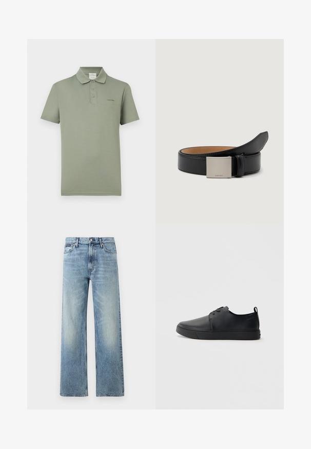 Polo vert olive à manches courtes avec trois boutons et petit logo Calvin Klein sur le côté gauche de la poitrine.; Jean droit en denim bleu clair avec taille haute, cinq poches, fermeture à boutons et léger délavage sur les cuisses et les genoux.; Baskets en cuir noir avec une finition lisse, bout arrondi, coutures ton sur ton, devant à lacets et semelle plate en caoutchouc. Anse au talon.; Ceinture en cuir noir au fini lisse, avec une boucle carrée en argent gravée "Calvin Klein" et une doublure intérieure en marron.