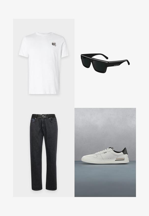 Weiße Baumwoll-T-Shirt mit einem kleinen schwarz-weißen Grafikdesign auf der linken Brustseite. Klassischer Rundhalsausschnitt und kurze Ärmel.; Schwarze Jeans aus Denim mit geradem Schnitt, ausgestattet mit einem glatten Lederbund, Vorderaschen und dezenten Steppnähten.; Weißer Sneaker mit niedrigem Schnitt und schwarzer Ferse, Schnürverschluss, dezenten Perforationen und "BOSS"-Logo an der Seite, gezeigt von der äußeren Seitenansicht.; Calvin Klein Jeans Sonnenbrille - black