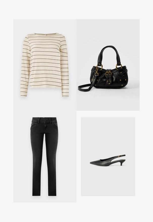 Beige langærmet top med mørkebrune vandrette striber, med rund halsudskæring og blød tekstur. Enkel og alsidig design.; Sorte denim skinny jeans med en to-knaps talje, frontlommer og en glat, tekstureret overflade. Standard snit, hel længde design.; Sorte spidse slingback-sko lavet af glat læder. Har en tynd hæl og en spænde detalje på den justerbare rem.; Sort læderhåndtaske med guldbælge og nitdetaljer, korte håndtag og en justerbar skulderrem på en ensfarvet hvid baggrund.