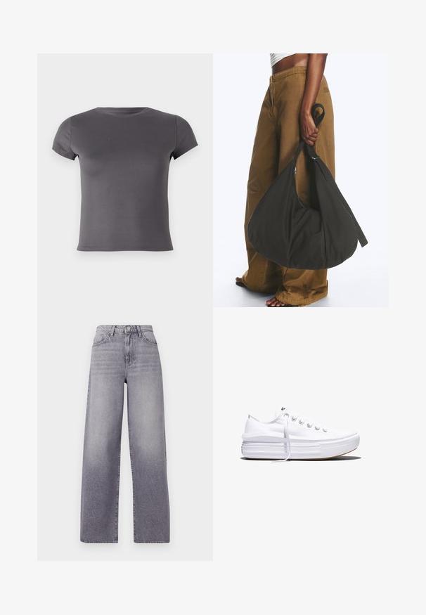 Grå kortærmet T-shirt lavet af glat stof, med en rund udskæring og en tætsiddende pasform uden synlige mønstre eller detaljer.; Højtaljede, vide jeans i lysegrå denim. Har et klassisk fem-lomme design, diskret fading og en metalknaplukning.; Hvid lavt snørestøvle med tyk plateau-sål, snørelukning foran og gummiforstærket tåkap, set i sideprofil.; Person iført brune vidde bukser og hvid top holder en stor sort blød håndtaske i remmen ved siden.