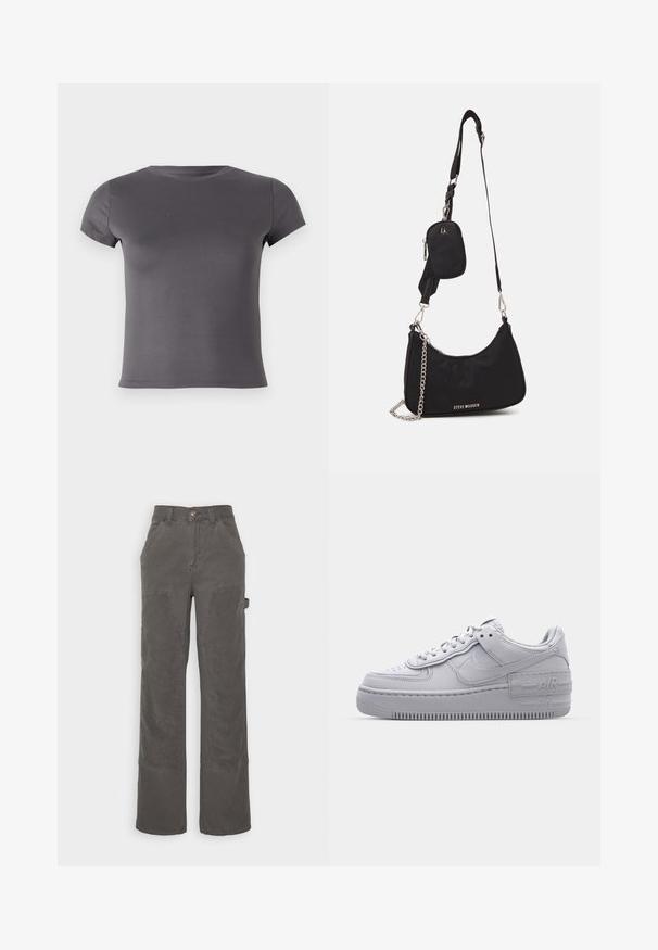 T-shirt gris à manches courtes en tissu lisse, doté d'un col rond et d'une coupe ajustée sans motifs ni accents visibles.; BDG Urban Outfitters PANEL CARPENTER - Pantalon cargo - charcoal; Basket en cuir lisse gris Nike Air Force 1 avec un bout perforé, une semelle épaisse et un détail 'AIR' en relief sur le talon.; Sac en nylon noir à l'épaule avec une forme incurvée, accent en chaîne argentée, pochette mini amovible et bandoulière ajustable ; présente le logo "Steve Madden".