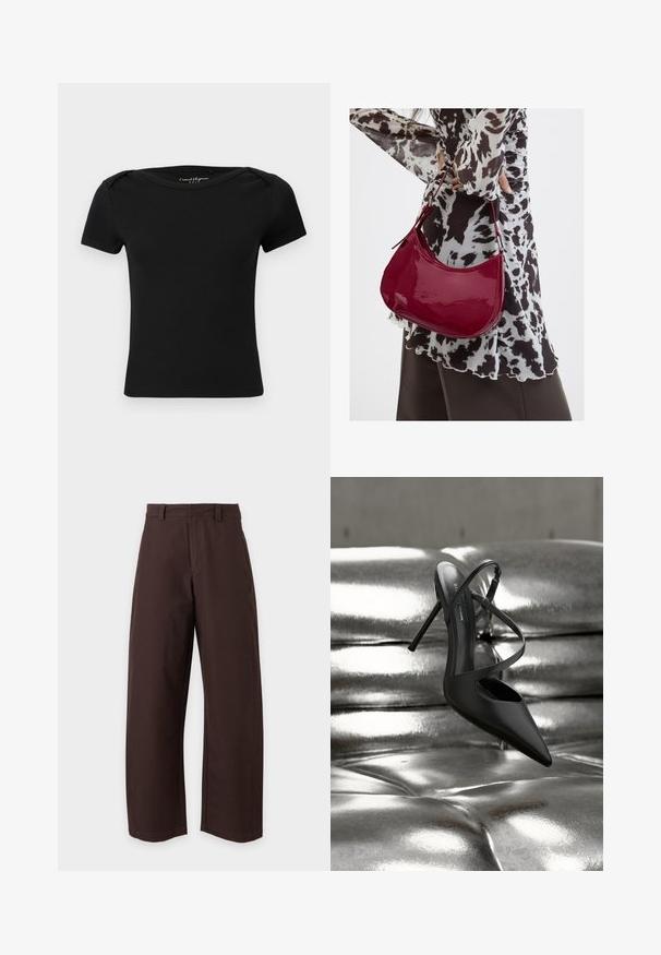Haut noir côtelé à manches courtes ajusté avec encolure bateau et étiquette "Casual Elegance ONLY" à l'intérieur du col.; Pantalon marron à jambe droite avec passants de ceinture et fermeture devant, présenté sur fond blanc uni.; Escarpin noir à bout pointu et talon stiletto avec brides croisées reposant sur une surface en cuir argenté capitonné et brillant.; Femme portant un chemisier à motif noir et blanc tenant un sac à main rouge brillant sur un fond uni.