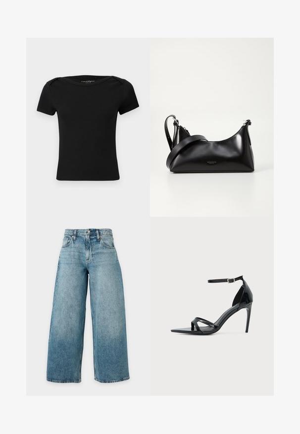 Haut noir côtelé à manches courtes ajusté avec encolure bateau et étiquette "Casual Elegance ONLY" à l'intérieur du col.; Jean en denim bleu clair taille haute à jambe large, cinq poches, passants de ceinture et braguette à boutons, présenté sur un fond uni.; Sandale à talon haut en cuir verni noir avec fine bride à la cheville, bout ouvert et design minimaliste sur fond clair uni.; Sac à main en cuir noir avec une texture lisse. Dispose d'une bandoulière adjustable et d'un design élégant et minimaliste avec une fermeture éclair.