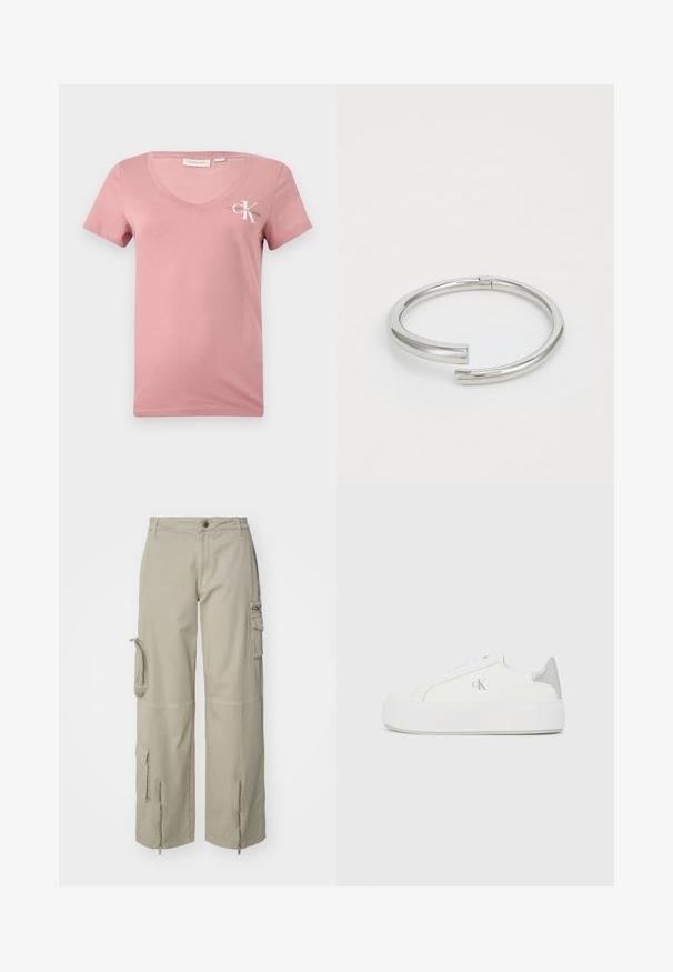 Camiseta de algodón rosa con cuello en V y mangas cortas, que presenta un logo blanco de Calvin Klein y la letra "K" en el área del lado izquierdo del pecho. Textura suave.; Pantalones cargo beige hechos de algodón. Presentan grandes bolsillos laterales, aberturas con cremallera en los puños y un diseño relajado de pierna ancha.; Zapatillas de lona blancas con una suela blanca gruesa, presentan un acento metálico plateado en el talón y un sutil detalle del logo en el lateral.; Calvin Klein SPIRAL - Pulsera - silver-coloured