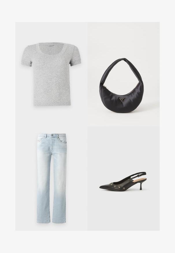 Camiseta gris de manga corta con cuello redondo, hecha de una tela suave y texturizada. Presenta un diseño de ajuste estándar y sencillos detalles de costura.; Jeans de mezclilla de color azul claro con un diseño de pierna recta, que presentan un efecto de desvanecimiento, cinco bolsillos y un cierre de botón en la parte frontal.; Zapato de tacón con talón descubierto en piel negra, punta puntiaguda, tacón pequeño y detalles metálicos decorativos a lo largo de la abertura frontal. Textura lisa.; Bolso de satén negro con forma curva, que cuenta con un cierre de cremallera y un logo triangular en metal en la parte delantera. Textura suave y diseño elegante.