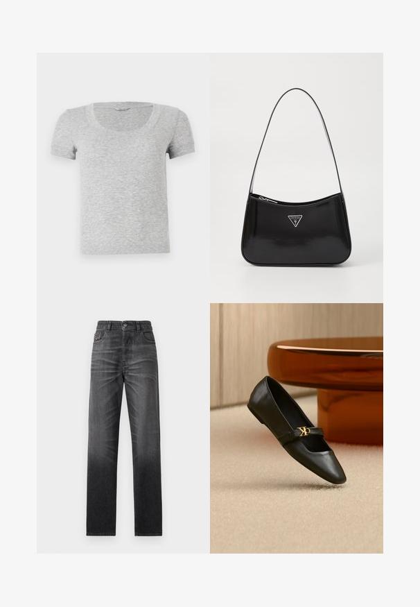 Camiseta gris de manga corta con cuello redondo, hecha de una tela suave y texturizada. Presenta un diseño de ajuste estándar y sencillos detalles de costura.; Jeans de mezclilla negra con corte recto, diseño de cinco bolsillos y sutil desgaste. Cuenta con cierre de botón y un logo bordado en el bolsillo.; Zapato plano de cuero negro con puntera puntiaguda y logo dorado de CK en la correa, colocado sobre una alfombra beige cerca de una mesa redonda marrón ámbar.; Bolso de hombro de charol negro con forma curva, que presenta un logotipo triangular plateado y un cierre de cremallera. Textura suave y correa delgada.