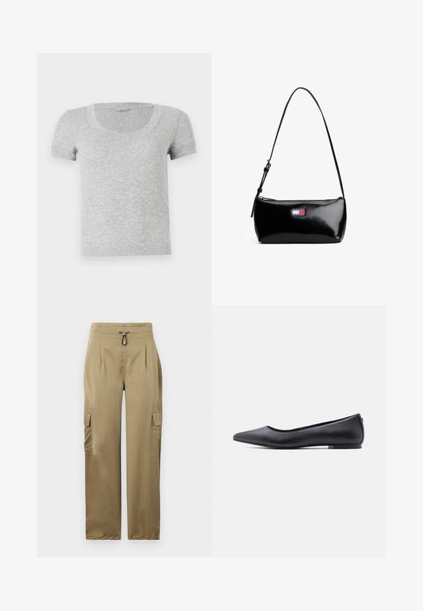Camiseta gris de manga corta con cuello redondo, hecha de una tela suave y texturizada. Presenta un diseño de ajuste estándar y sencillos detalles de costura.; Pantalones cargo en color caqui con un corte ajustado, que cuentan con una cintura con cordón, dos bolsillos laterales y tela texturizada para mayor durabilidad.; Zapato plano de cuero negro con punta puntiaguda y tacón bajo, mostrado de perfil contra un fondo blanco.; Bolso de hombro de charol negro con una correa curva, cierre de cremallera y un parche de logo rectangular en rojo, blanco y azul.