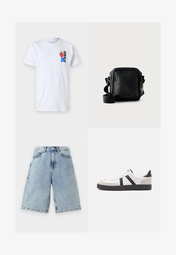 Camiseta de algodón blanca con un gráfico de fresa roja, una ilustración de mano azul y la palabra "OBEY" en negro en la parte izquierda del pecho.; Pantalones cortos de denim azul con cintura alta, corte holgado, cinco bolsillos y detalles de costura visibles. Textura suave con un acabado de lavado claro.; Zapatilla blanca con acentos en negro y gris, que presenta una puntera texturizada en gris, suela de goma negra y cordones planos blancos. Diseño limpio, estilo minimalista.; Bolso bandolera compacto negro con bolsillo delantero con cremallera, correa ajustable y tela texturizada sobre un fondo liso.