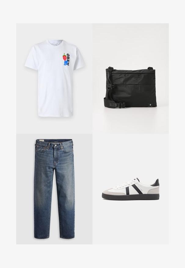 Λευκό βαμβακερό T-shirt με γραφικό μίας κόκκινης φράουλας, μπλε χέρι και τη λέξη "OBEY" σε μαύρο χρώμα στην αριστερή περιοχή του στήθους.; Σκούρο μπλε τζιν με άνετη εφαρμογή, ίσια πόδια, πεντάτσεπη σχεδίαση και διακριτική ξεθώριαση στους μηρούς. Ασημένιο κουμπί και ποτζές.; Λευκό αθλητικό παπούτσι με μαύρες και γκρί λεπτομέρειες, featuring ένα υφή γκρί καλύμμα δαχτύλου, μαύρη καουτσούκ σόλα και επίπεδες λευκές κορδόνες. Καθαρός σχεδιασμός, μινιμαλιστικό στυλ.; Μαύρη τσάντα ταχυδρόμου από νάιλον με ρυθμιζόμενο ιμάντα, επίπεδο σχεδιασμό και πλαϊνή ετικέτα με λογότυπο. Λείο υλικό και μίνιμαλ στυλ.