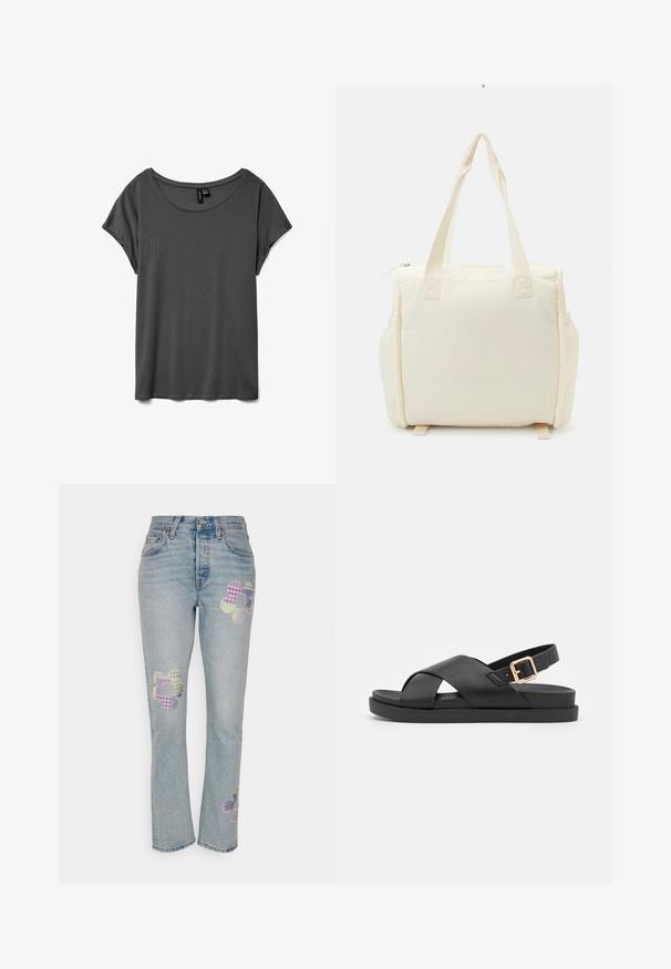 T-shirt gris à manches courtes avec un col rond large, en tissu doux et à coupe décontractée. Aucun motif ni accent visible. Texture lisse.; Jean bleu clair avec une coupe droite, mettant en avant trois motifs de fleurs en patchwork multicolores sur le devant.; Sandales à talon ouvert noires avec des bride croisées, fabriquées en matière texturée. Elles présentent une semelle plate et un accent de boucle dorée au talon.; Sac fourre-tout de couleur crème avec une texture douce et matelassée et deux poignées solides. Il dispose d'une fermeture éclair et de poches latérales pour un rangement supplémentaire.