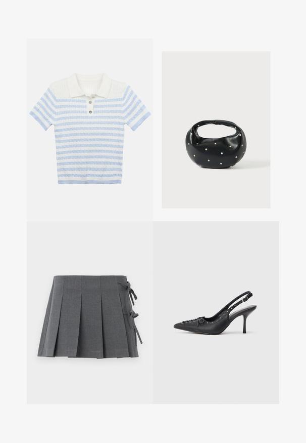 Polo-shirt tricoté avec un col blanc. Possède des rayures horizontales bleu clair et blanches. Trois boutons décoratifs à l'avant.; Jupe mini plissée grise en tissu texturé, avec une fermeture à nouer sur un côté et une ceinture lisse pour plus de confort.; Escarpin en cuir noir à talon aiguille avec un bout pointu, une bride latérale à boucle, des clous le long du bord et un laçage décoratif à l'avant.; Sac à main en cuir noir de forme arrondie, décoré de clous argentés et équipé d'une poignée courte. Texture lisse et fermeture éclair.