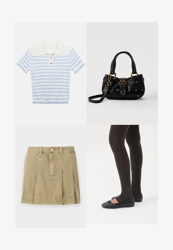 Polo-shirt tricoté avec un col blanc. Possède des rayures horizontales bleu clair et blanches. Trois boutons décoratifs à l'avant.; Jupe en denim vert olive clair avec quatre plis plats, une fermeture à bouton à l'avant et un accent en boucle en métal sur la taille.; Jambes portant des leggings côtelés foncés associés à des ballerines noires avec de petits détails en nœud sur fond blanc.; Sac à main en cuir noir avec boucle dorée et détails à rivets, poignées courtes et bandoulière réglable sur fond blanc uni.