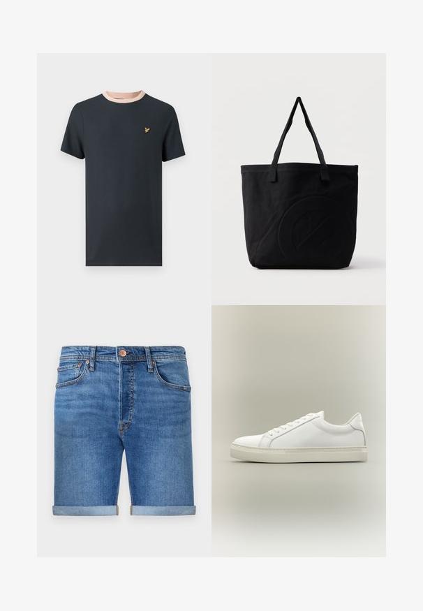Mørkeblå T-shirt med korte ærmer, kontrasterende lyserød ribbet krave og et lille guldemblem på brystet. Blødt bomuldsstof.; Denim shorts i en mellemmel tone med opkrøllede manchetter, fem-lomme design, messingknaplukning og kontraststing.; Hvid lavtop sneaker med snørebånd foran og tyk sål, vist fra siden mod en neutral baggrund.; Sort canvas-tote-taske med to skulderstropper og et diskret præget cirkeldesign på fronten.