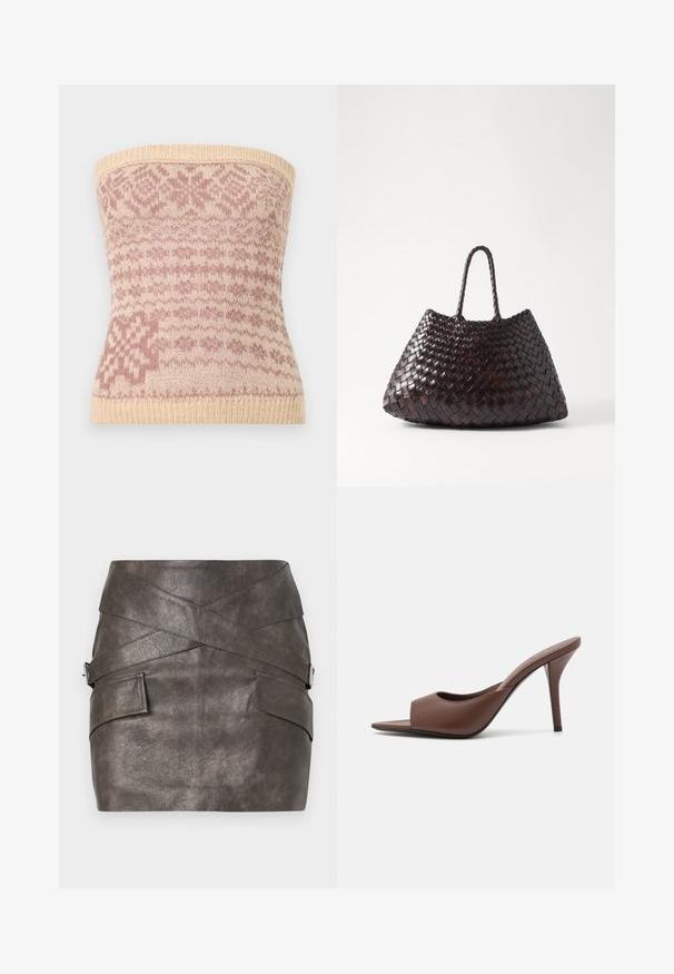 Strikket strapless top i beige med pink geometriske mønstre. Har en ribbet kant og blød tekstur, velegnet til lag-på-lag.; Mørkegrå faux læder mini nederdel med et asymmetrisk design, der har crossover-detaljer og sidelommer med et metallic hardware accent.; Brune læder open-toe højhælede mules med et slankt design, der har en bred frontrem og en slank stiletto-hæl.; DRAGON DIFFUSION SANTA CROCE BIG - Håndtasker - dark brown