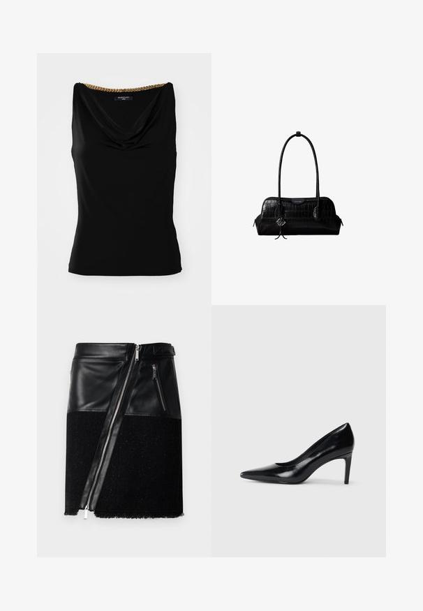 Haut sans manches noir avec un décolleté drapé et un accent en chaîne dorée à l'épaule. Fabriqué en tissu lisse avec une coupe ajustée.; Jupe noire alliant cuir et tissu texturé. Dispose d'une fermeture éclair diagonale, de deux poches zippées sur les côtés et d'un ourlet effiloché au bas.; Chaussure à talon haut en cuir noir avec un bout pointu, texture lisse et un talon effilé. Design minimaliste, sans embellissements supplémentaires.; Sac à épaule en cuir noir à texture crocodile, avec de longues sangles et un petit charm logo argenté sur une sangle.