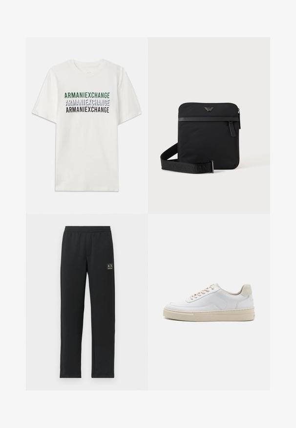 Hvid bomulds t-shirt med gentaget tekst "ARMANIEXCHANGE" i grøn, blå og sort. Korte ærmer og en klassisk rund halsudskæring.; Sorte sweatpants med lige ben, elastisk talje og sort logo-patch på venstre lår.; Hvide sneakers med en glat læderoverdel, beige snørebånd og en tekstureret beige ruskindsheel-tab. Hævet sål for ekstra højde.; Sort firkantet skuldertaske med lynlås, frontlomme og justerbar rem med præget brandnavn.