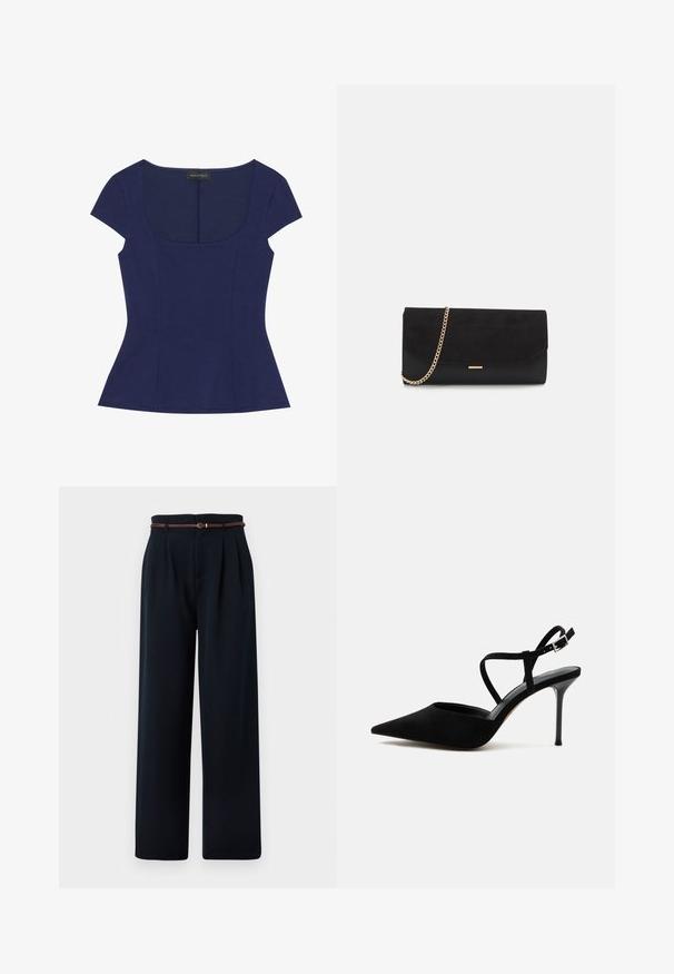Haut ajusté bleu marine à manches courtes avec décolleté en arrondi et coutures délicates, étiqueté Anna Field.; Pantalon noir taille haute à jambes larges avec plis et une fine ceinture tressée marron, présenté sur un fond blanc.; Chaussure à talon haut noire à bout pointu avec talon stiletto fin et fines lanières à la cheville avec boucle argentée sur fond blanc.; Porte-monnaie noir en daim avec une finition texturée, doté d'une chaîne dorée et d'un design épuré et angulaire.