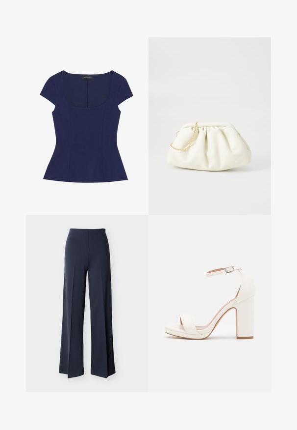 Haut ajusté bleu marine à manches courtes avec décolleté en arrondi et coutures délicates, étiqueté Anna Field.; Pantalon large bleu marine avec fentes latérales, taille haute et devant lisse, présenté sur un fond blanc.; Sandale à talon haut blanche avec une bride de cheville, design minimaliste, bout ouvert, talon carré et texture en cuir lisse.; Sac à main en cuir blanc avec un design plissé, doté d'une bandoulière en chaîne dorée et d'une forme arrondie. Texture lisse avec des plis doux et sans motifs.