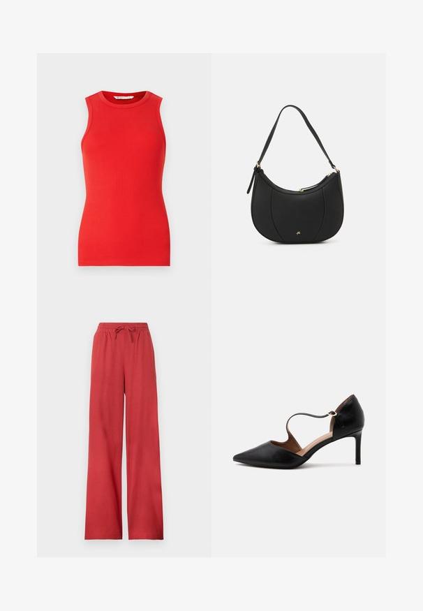 Haut sans manches rouge en matériau côtelé, avec un col rond et une coupe ajustée, sans embellissements ni motifs.; Pantalon rouge à jambes larges avec taille élastique et cordon, en tissu doux.; Chaussure à talon haut en cuir noir à bout pointu avec une fine bride à la cheville et un talon stiletto de hauteur moyenne sur fond blanc.; Sac à main en cuir noir avec une forme courbée, surface texturée, coutures avant et un logo doré. Il est doté d'une seule sangle ajustable.