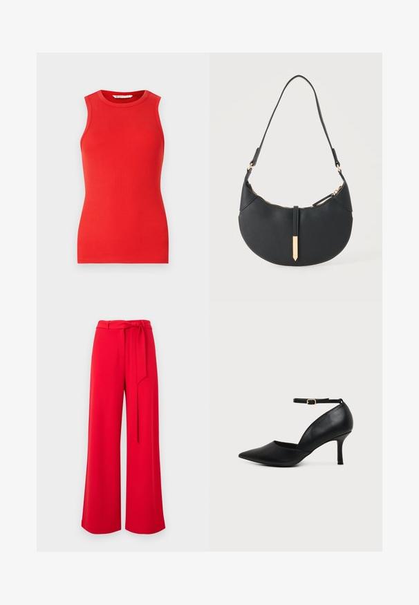 Haut sans manches rouge en matériau côtelé, avec un col rond et une coupe ajustée, sans embellissements ni motifs.; Pantalon rouge à jambes larges avec une taille haute et une ceinture en tissu assorti nouée à l'avant.; Chaussure en cuir noir à bout pointu avec talon kitten, bride à la cheville et boucle dorée sur fond neutre.; Sac à main noir en forme de croissant avec une bandoulière unique, une fermeture éclair dorée et une languette décorative rectangulaire dorée à l'avant.