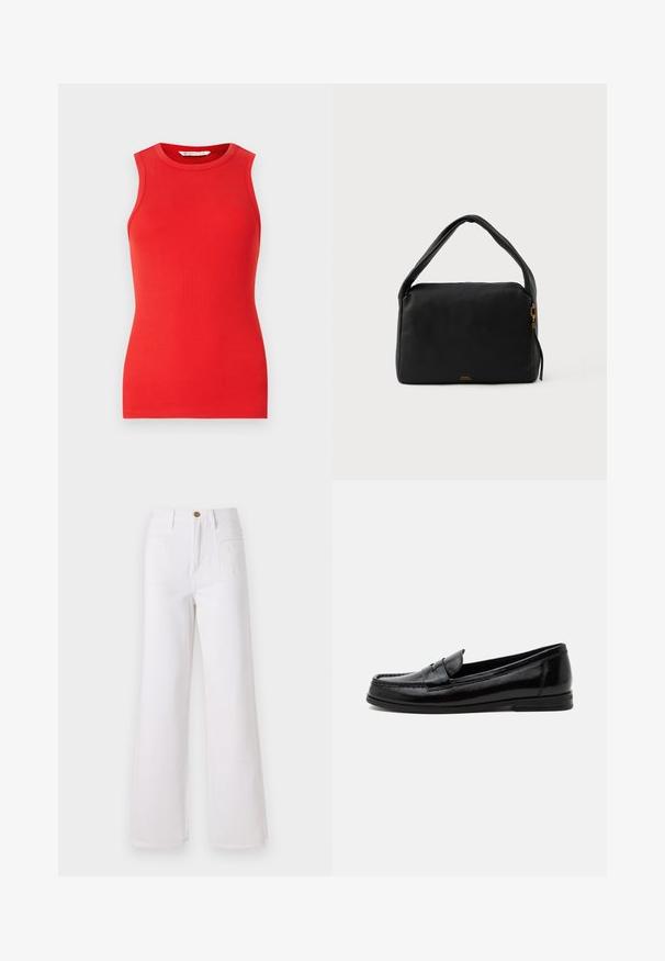 Haut sans manches rouge en matériau côtelé, avec un col rond et une coupe ajustée, sans embellissements ni motifs.; Jeans blancs à jambe large en denim, dotés d'une taille haute, d'une fermeture à boutons sur le devant et de deux poches à l'arrière. Texture lisse, détails de couture minimaux.; Mocassin penny en cuir noir avec un petit talon et un bout arrondi, doté d'une finition lisse et brillante ainsi qu'une bride classique sur le dessus.; Sac à main en cuir noir avec une texture lisse, de forme rectangulaire et une poignée courbée. Il dispose d'une fermeture éclair dorée et d'une marque discrète à l'avant.