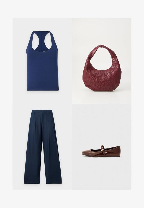 Débardeur sans manches bleu marine en coton doux. Présente un col rond et de larges emmanchures. Design simple et ajusté sans motifs.; Pantalon large bleu marine taille haute, avec passants pour ceinture, plis à l'avant et fermeture frontale dissimulée.; Ballerine en cuir verni marron avec un bout carré et une lanière ornée d'une petite boucle dorée. Texture lisse, talon bas et design minimaliste.; Sac à main tissé bordeaux avec une silhouette arrondie, une seule poignée et une finition texturée. Fermeture zippée en haut.